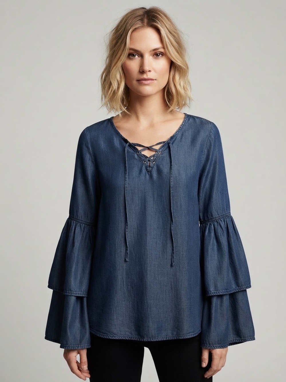 Sanctuary Denim Lace-Up Tiered Bell-Sleeve Top Size Medium Boho